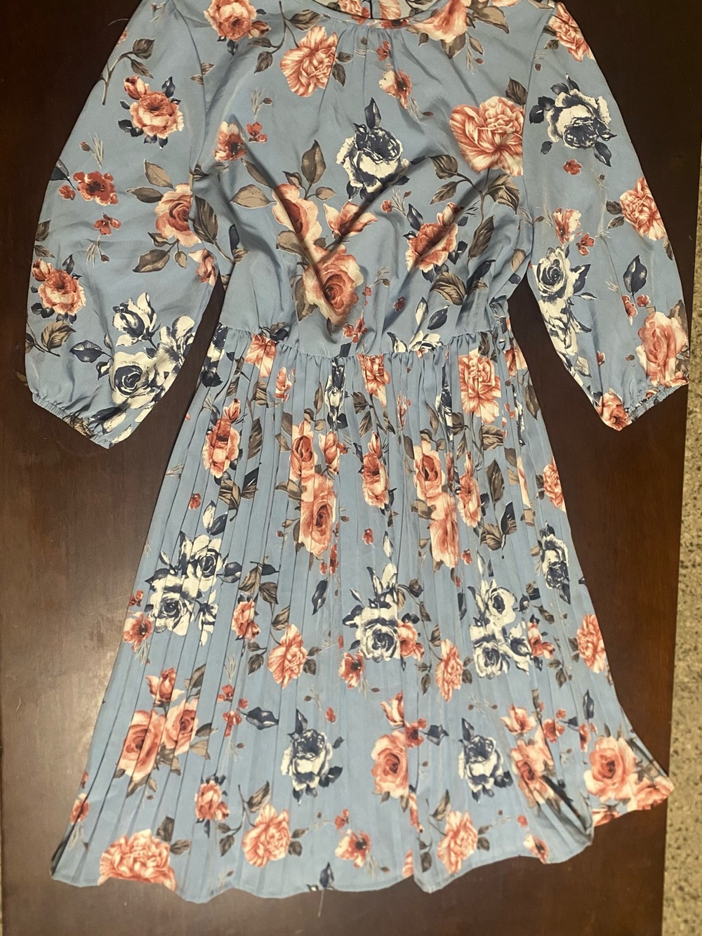 Blue Floral Pleated Womens Dress - Medium